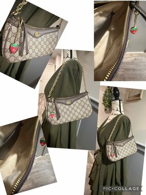 Beige Monogram Shoulder Bag with Brown Trim and Strawberry Charm